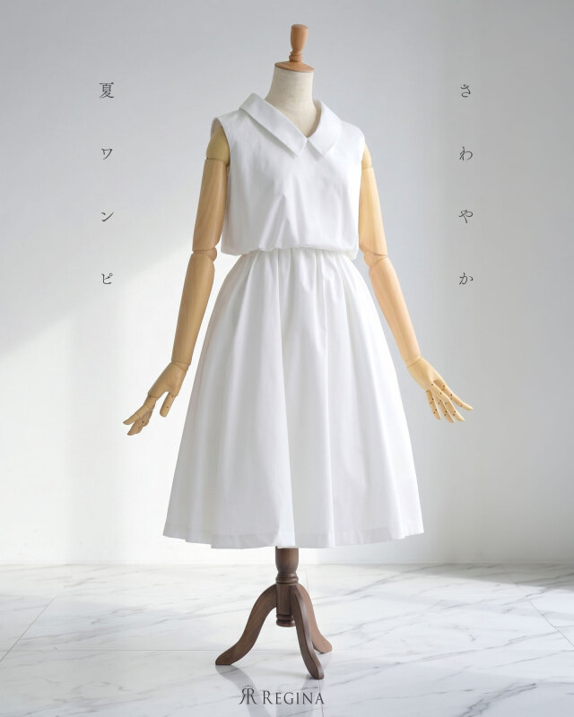 さわやかで上品な夏の白ワンピース。きちんと感のある襟付きできれいめに。レジーナ【神戸ワンピース専門店】