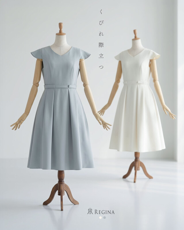 美しいくびれをメイク。Vネックで顔周りすっきりの上品きれいめワンピース。レジーナ【神戸ワンピース専門店】