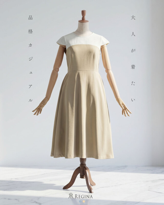 大人が着たい品格カジュアル。バイカラー使いが美しいきれいめフレアワンピース。レジーナ【神戸ワンピース専門店】