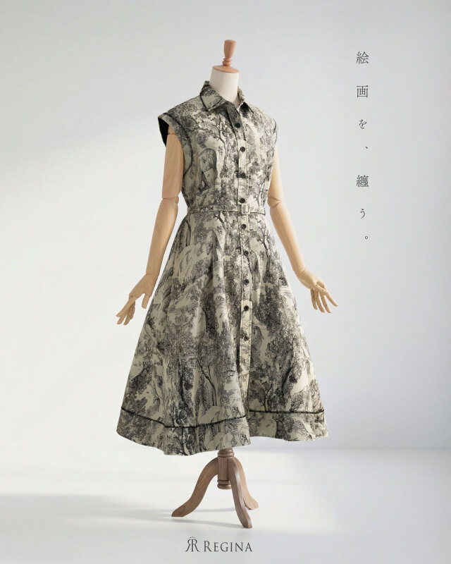 絵画を纏うような美しいトワルドジュイ柄。大人の品格を高めるきれいめワンピース。レジーナ【神戸ワンピース専門店】