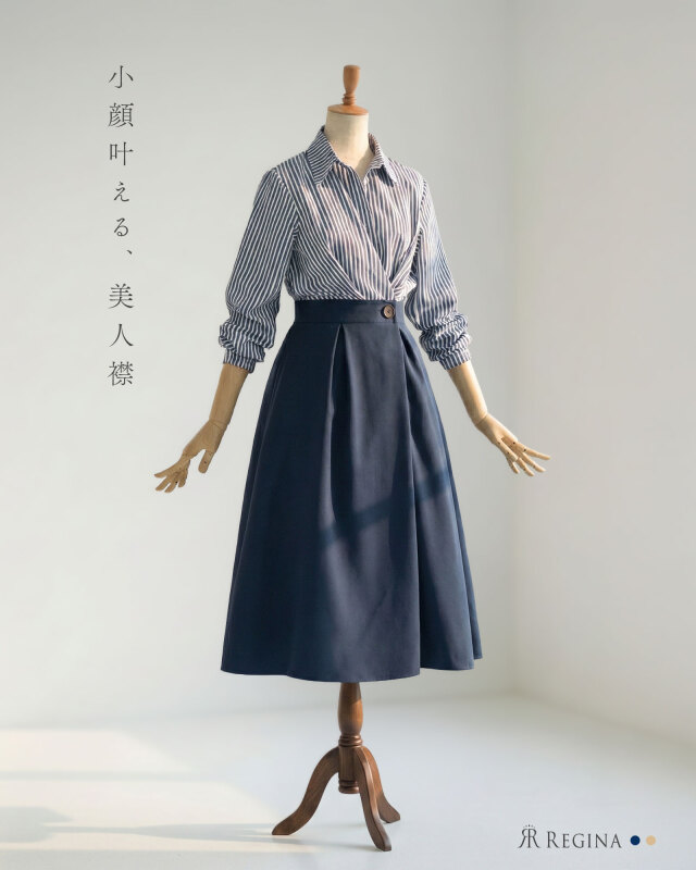 大人の女性を美しく魅せる。40代レディースにおすすめの上品きれいめ紺色ワンピース。レジーナ【神戸ワンピース専門店】