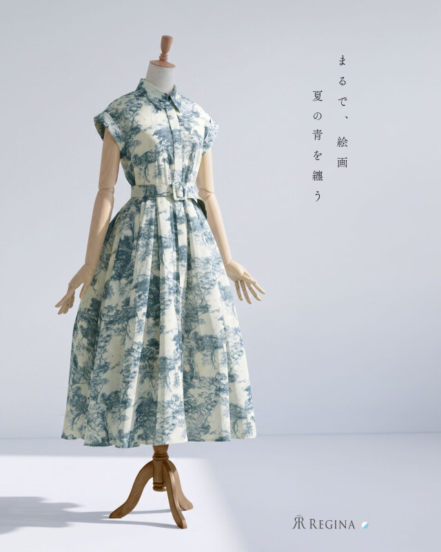 まるで絵画のような美しさ。涼しげなクラシカル柄が目を惹く大人の上品きれいめワンピース。レジーナ【神戸ワンピース専門店】